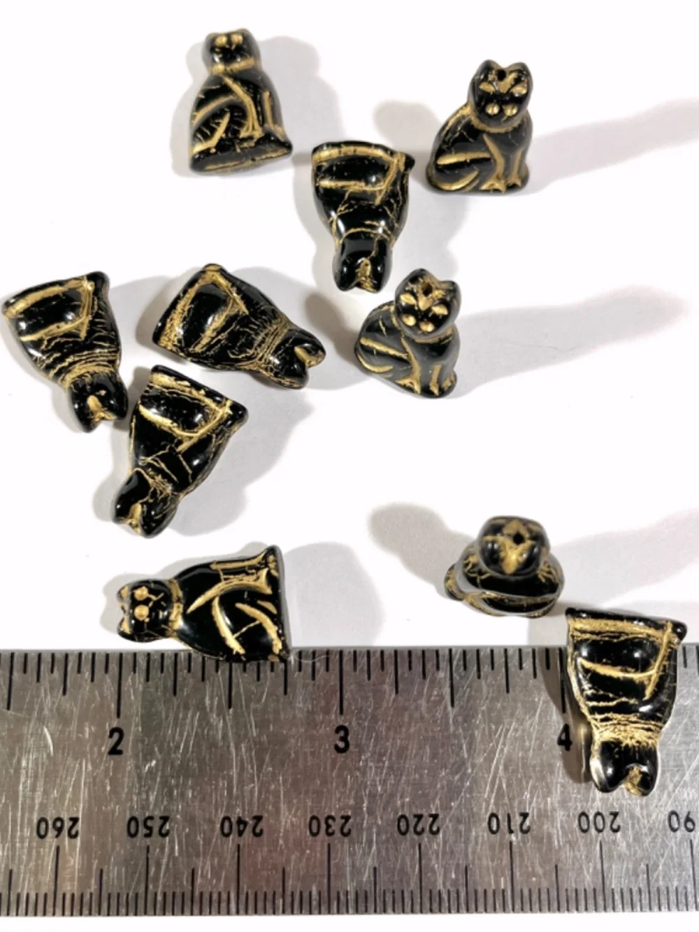 Vintage Molded Glass Cat Beads Black 10pc Czech